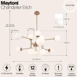 Lámpara de araña Erich de Maytoni, latón rosado, vidrio/metal, 12 luces.