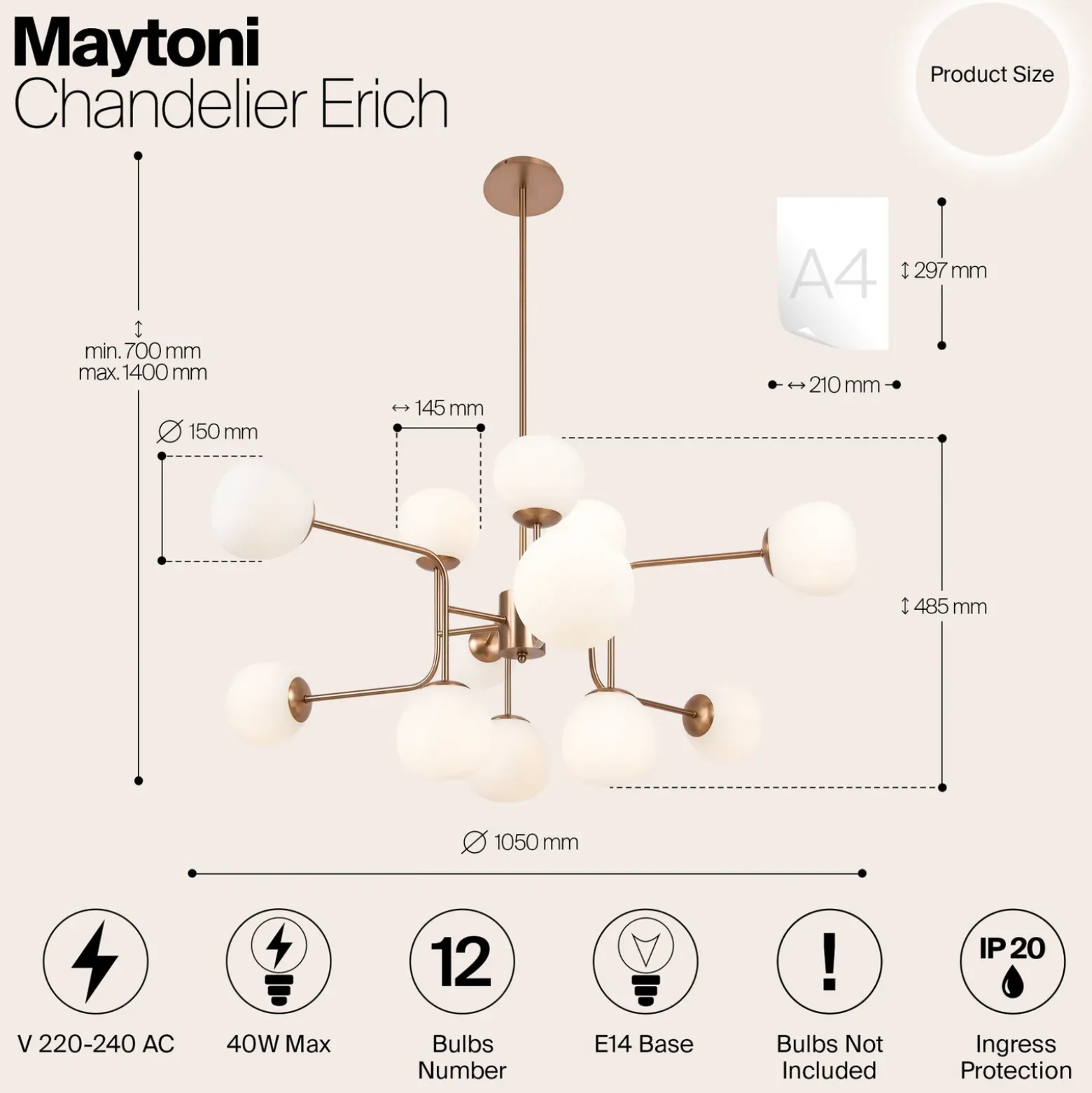 Lámpara de araña Erich de Maytoni, latón rosado, vidrio/metal, 12 luces.
