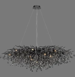 Lámpara de araña Icicle, negra, colgantes de cristal, longitud 150 cm