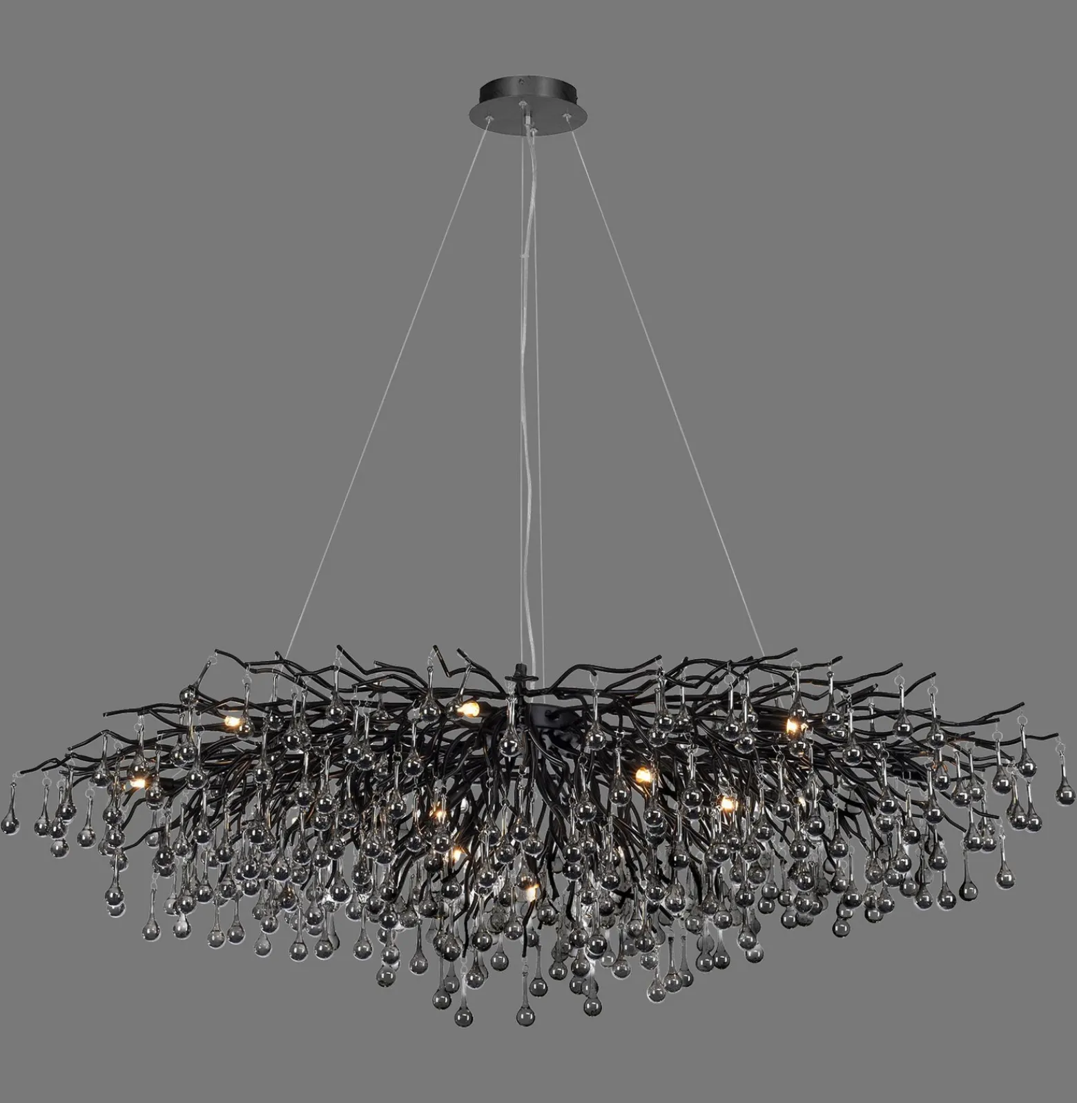 Lámpara de araña Icicle, negra, colgantes de cristal, longitud 150 cm