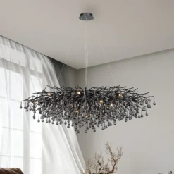Lámpara de araña Icicle, negra, colgantes de cristal, longitud 150 cm