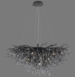 Lámpara de araña Icicle, negra, colgantes de cristal, longitud 100 cm
