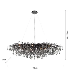 Lámpara de araña Icicle, negra, colgantes de cristal, longitud 150 cm