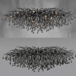 Lámpara de araña Icicle, negra, colgantes de cristal, longitud 150 cm