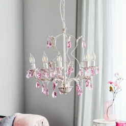 Lámpara de araña Kate, 5 luces, cristal blanco y rosa