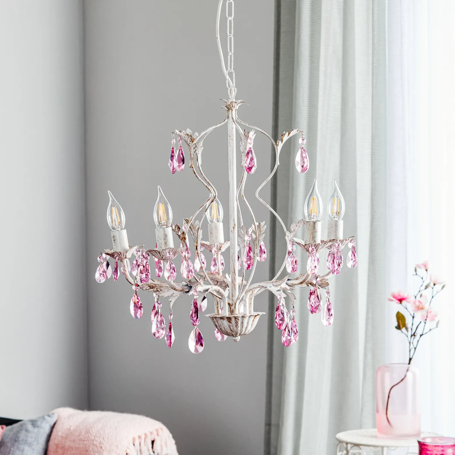 Lámpara de araña Kate, 5 luces, cristal blanco y rosa