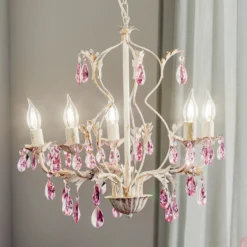Lámpara de araña Kate, 5 luces, cristal blanco y rosa