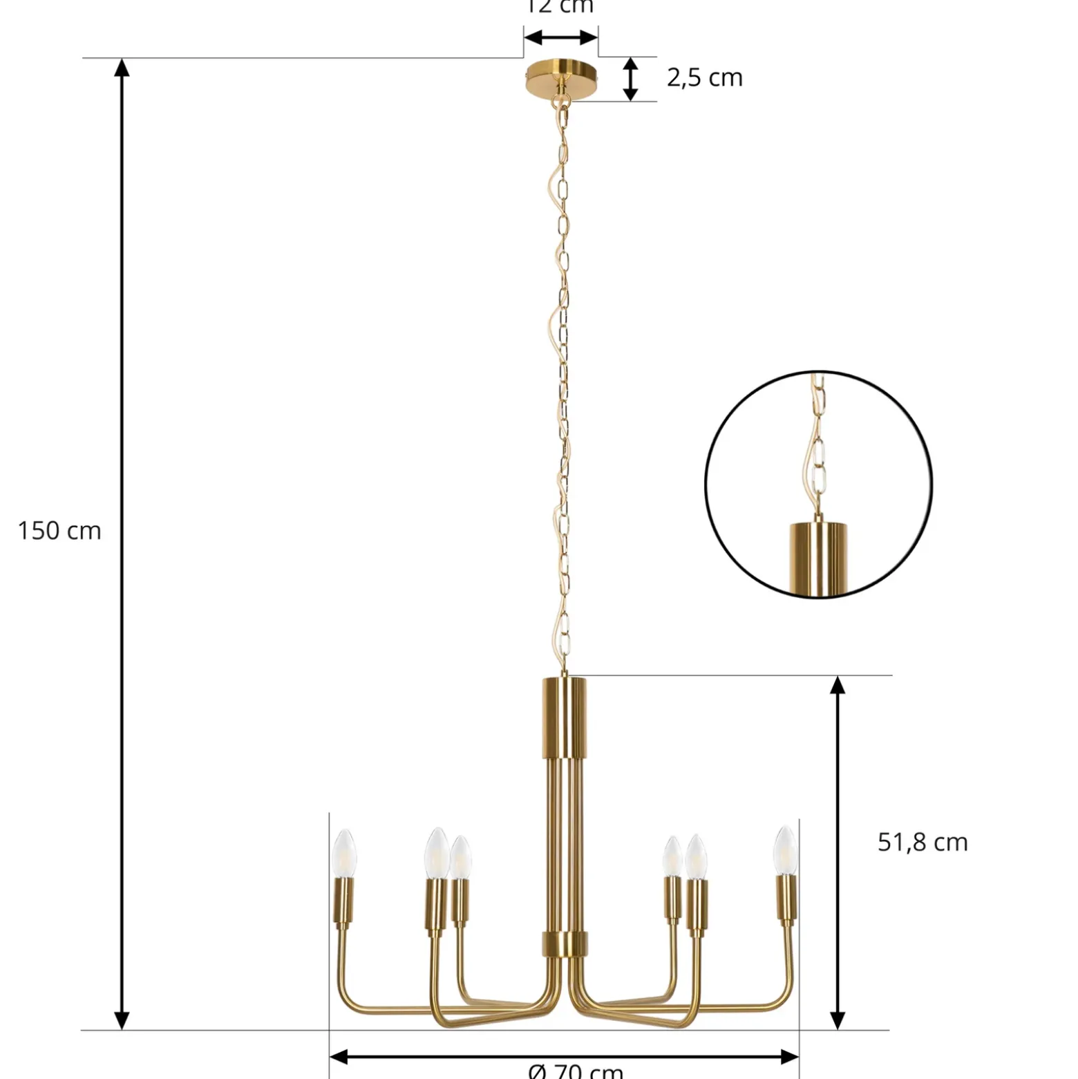 Lámpara de araña Lindby Elanova, latón, 6 luces, Ø 70 cm, E14