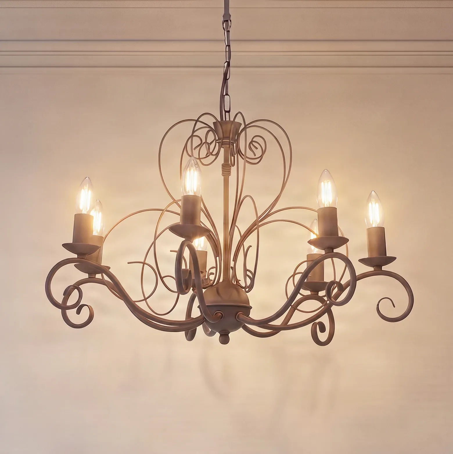 Lámpara de araña Mauro, beige, 7 luces, Ø 62 cm, metal, E14