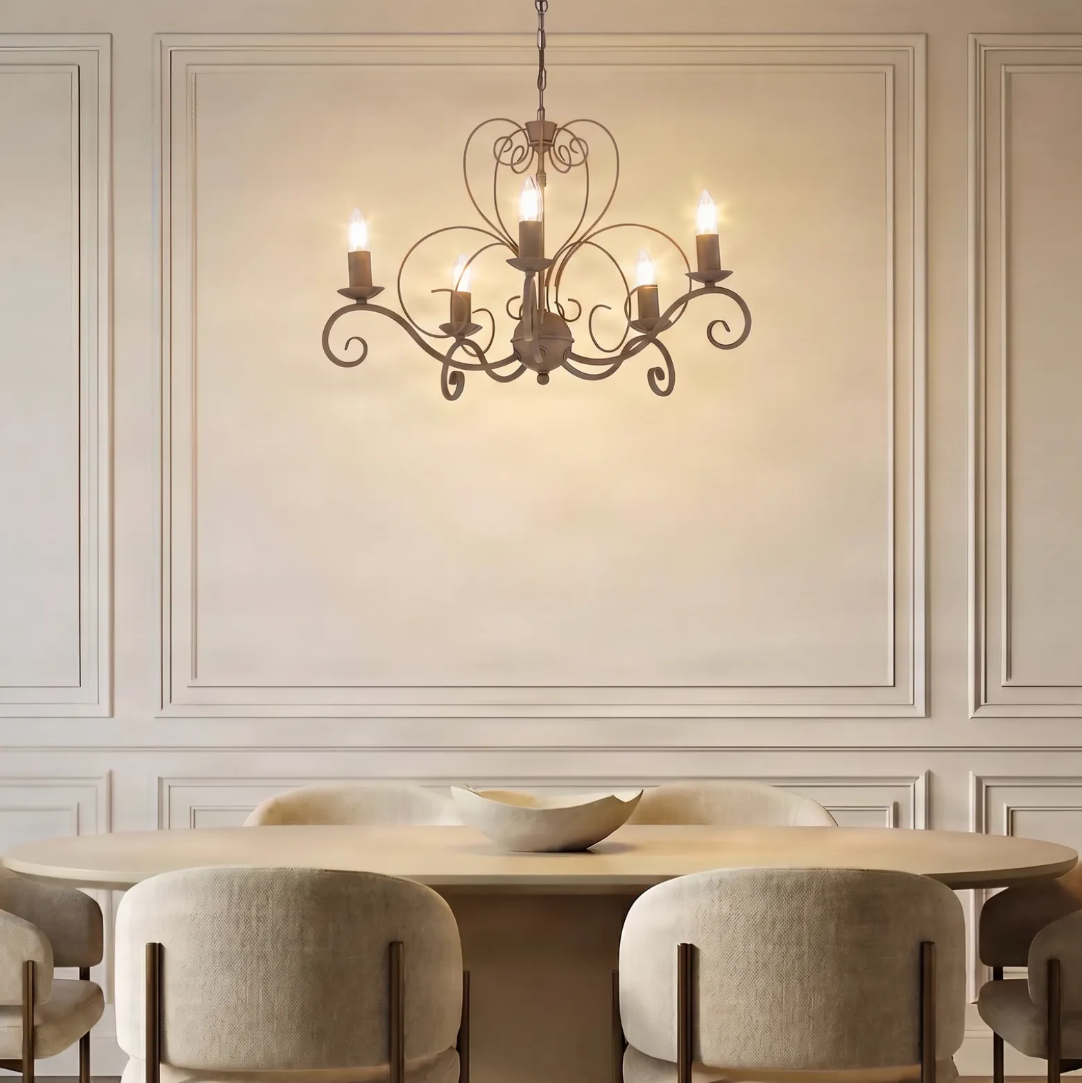 Lámpara de araña Mauro, beige, 5 luces, Ø 62 cm, metal, E14