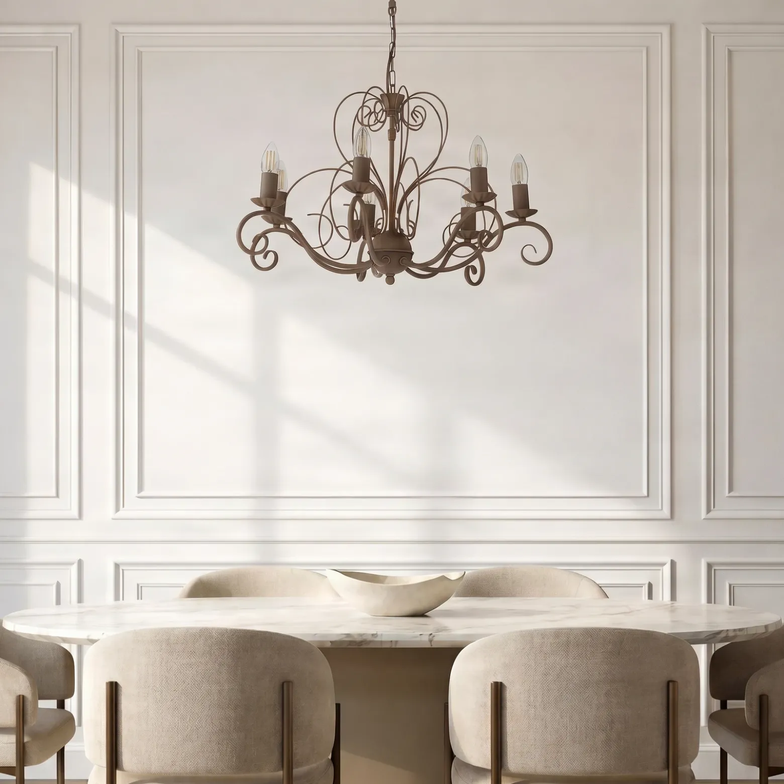 Lámpara de araña Mauro, beige, 7 luces, Ø 62 cm, metal, E14