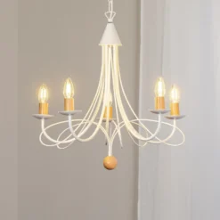 Lámpara de araña Milvia, 5 luces, blanco/color madera, metal