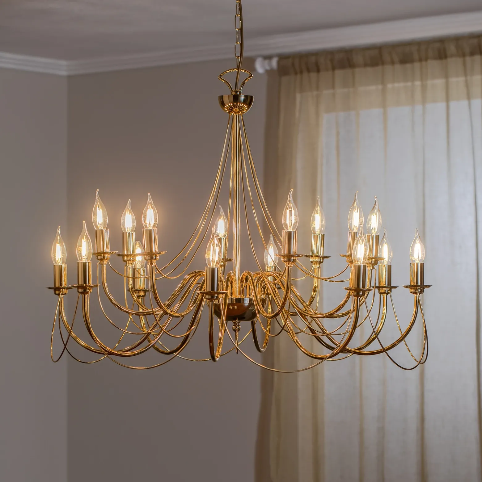 Lámpara de araña retro, 16 luces, dorada