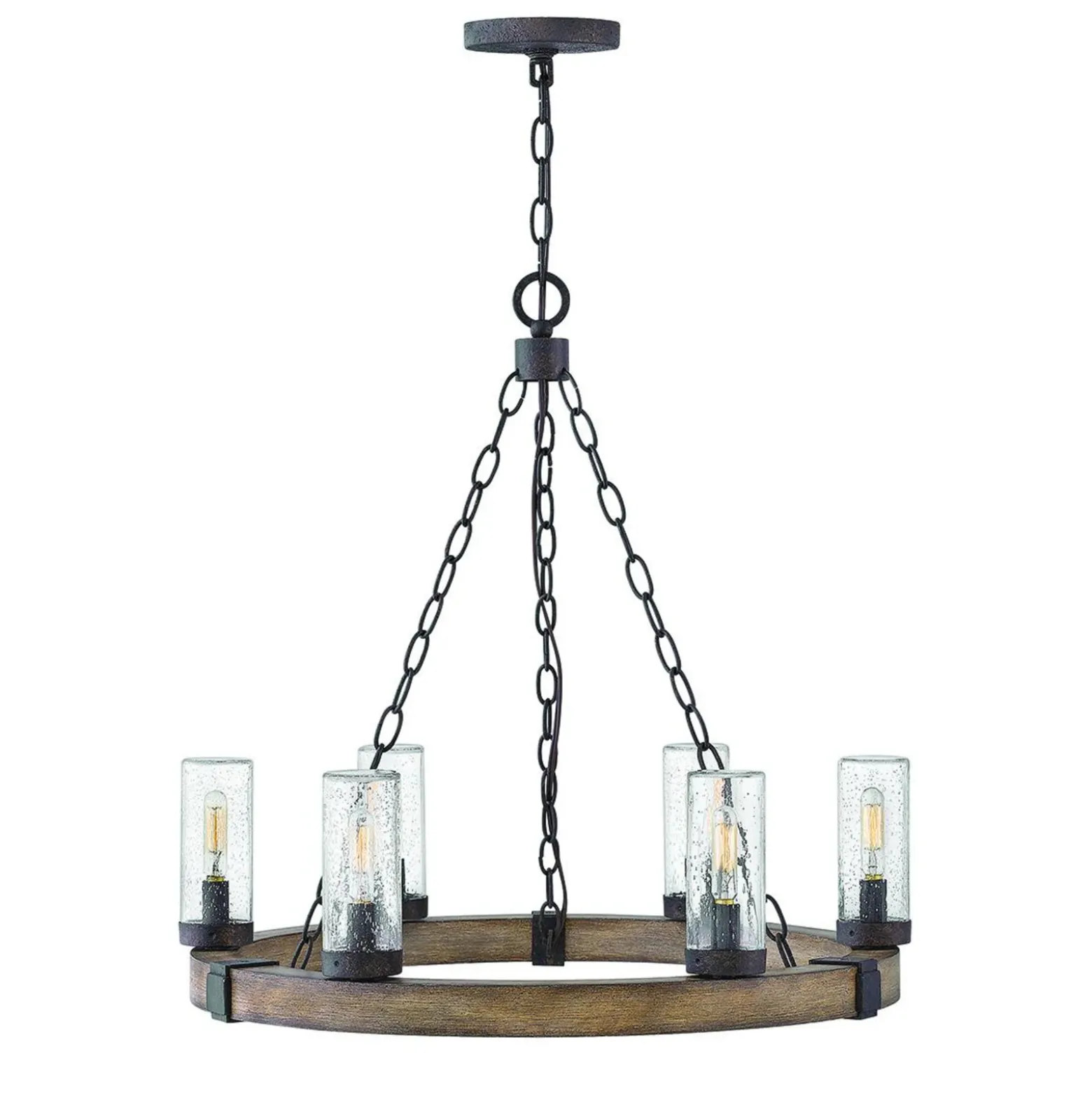 Lámpara de araña Sawyer, 6 luces, color madera, acero, cristal, E14