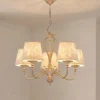 Lámpara de araña Sofia Ecrie beige/dorado, 5 luces, tejido y acero, casquillo