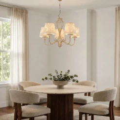 Lámpara de araña Sofia Ecrie beige/dorado, 5 luces, tejido y acero, casquillo