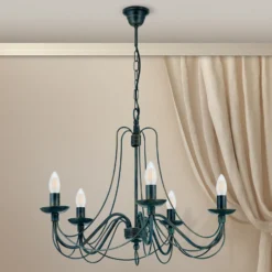 Lámpara de araña Vela, cinco luces, negro-verde antiguo