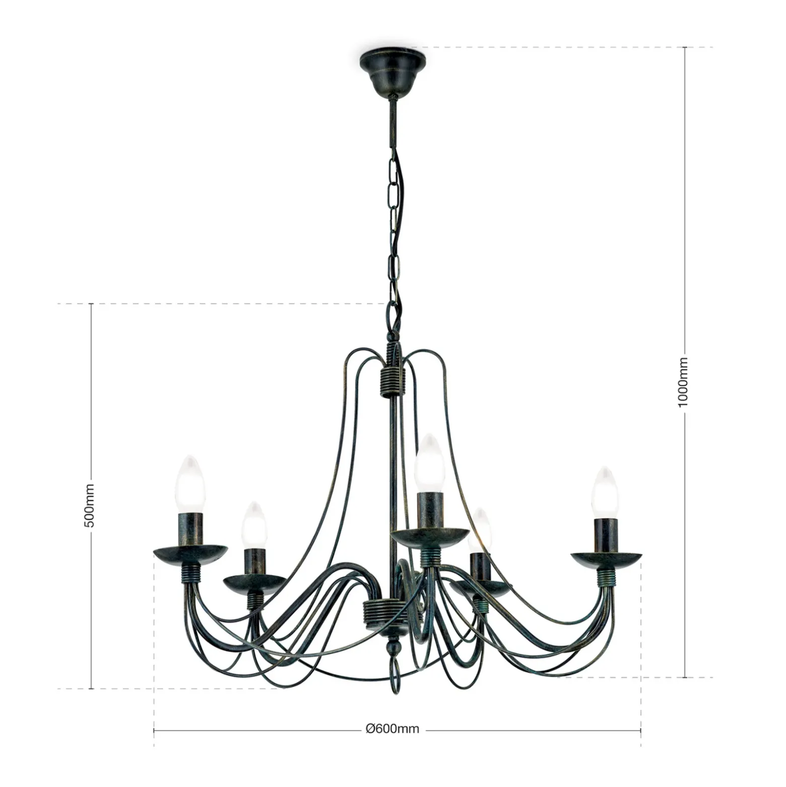 Lámpara de araña Vela, cinco luces, negro-verde antiguo