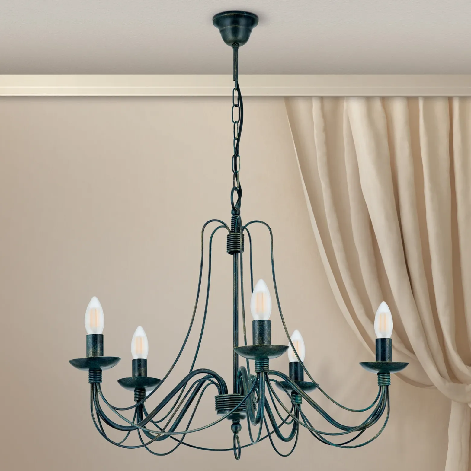 Lámpara de araña Vela, cinco luces, negro-verde antiguo