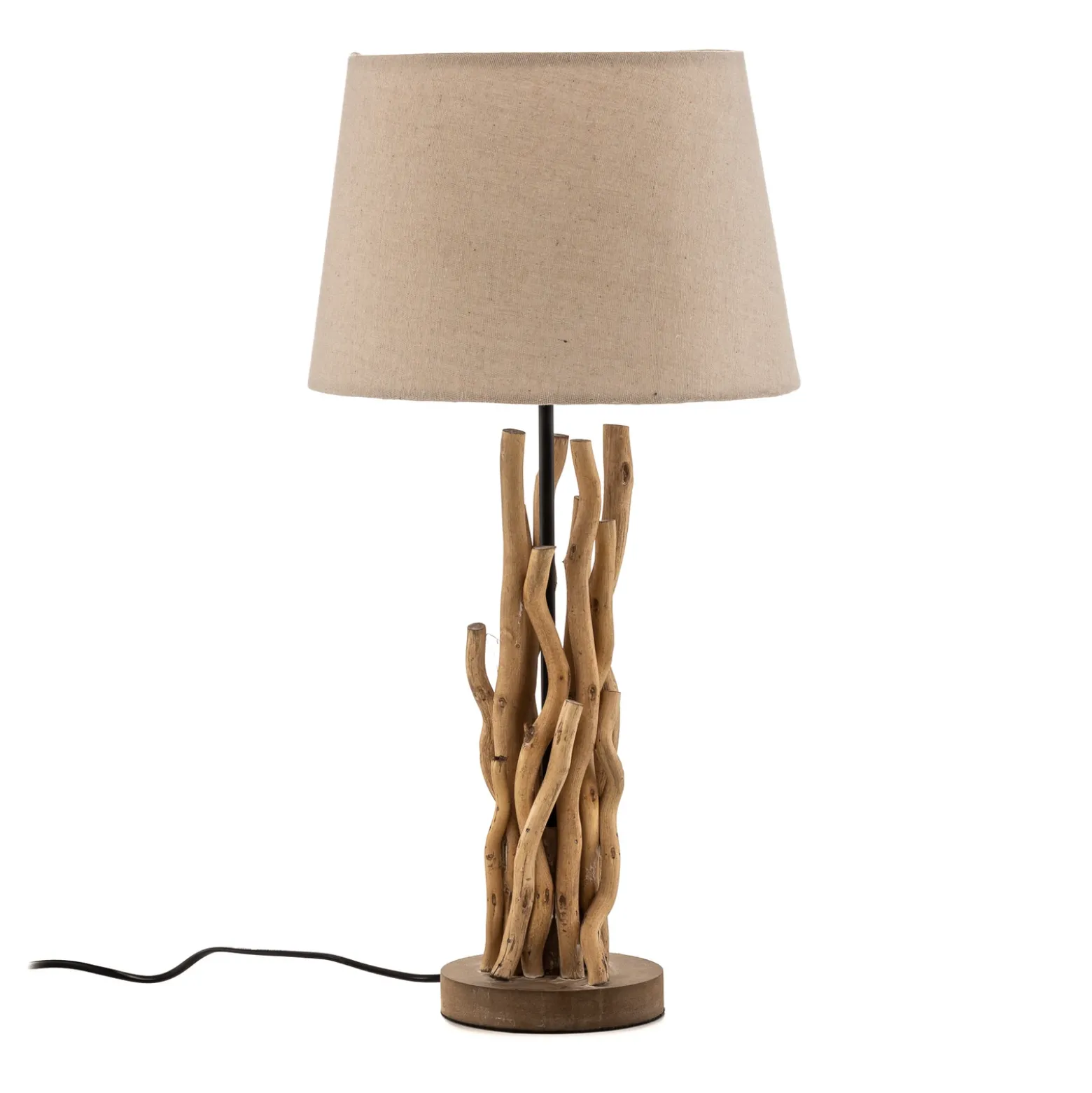 Lámpara de mesa Agar con pantalla de tela y elemento de madera