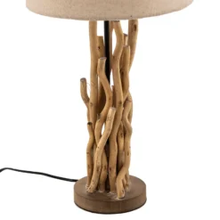 Lámpara de mesa Agar con pantalla de tela y elemento de madera