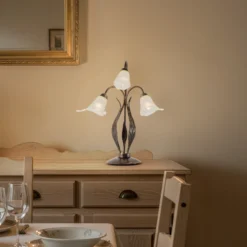 Lámpara de mesa Alga, 3 luces, hierro, cristal, florentino