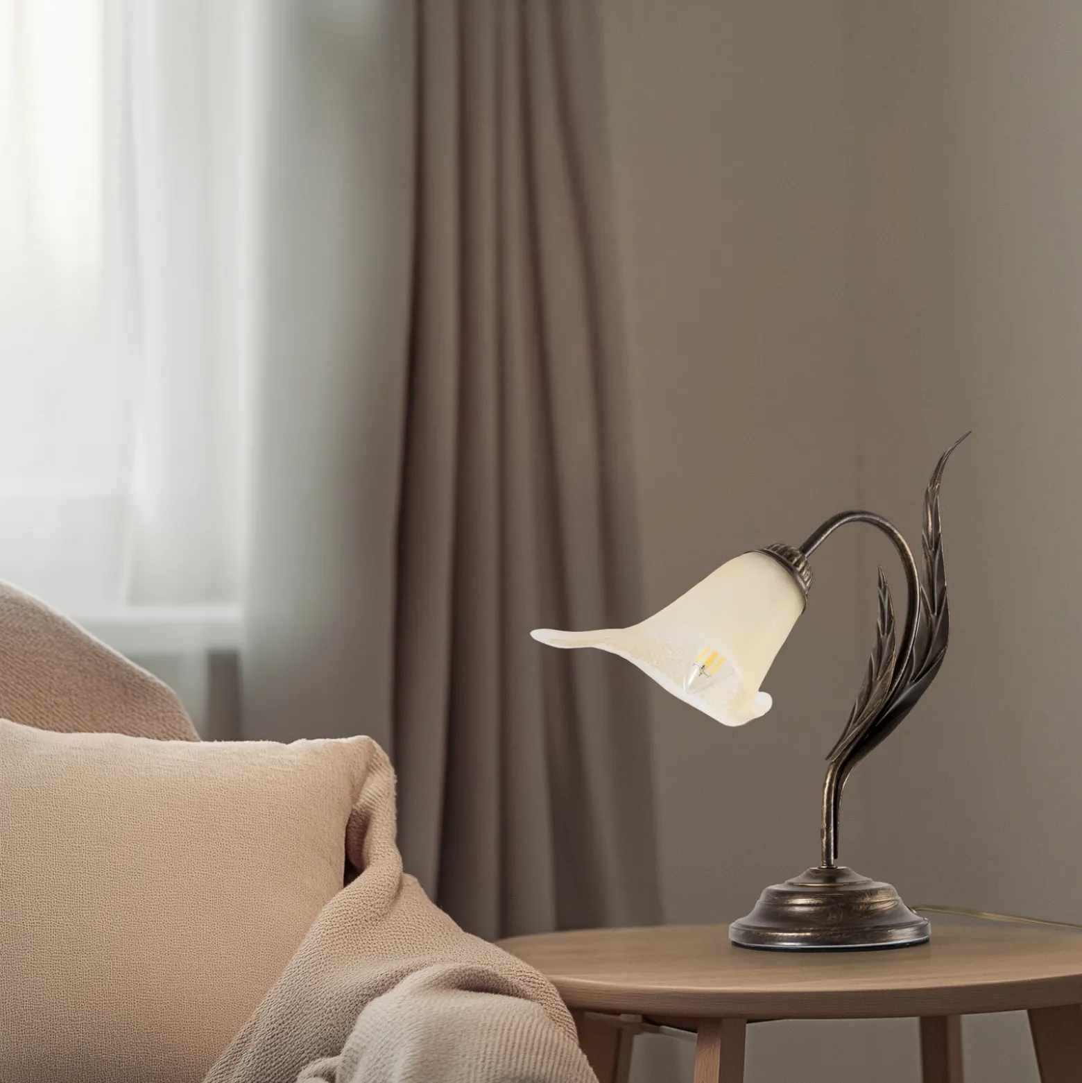 Lámpara de mesa Alga, 1 luz, hierro, vidrio, florentino