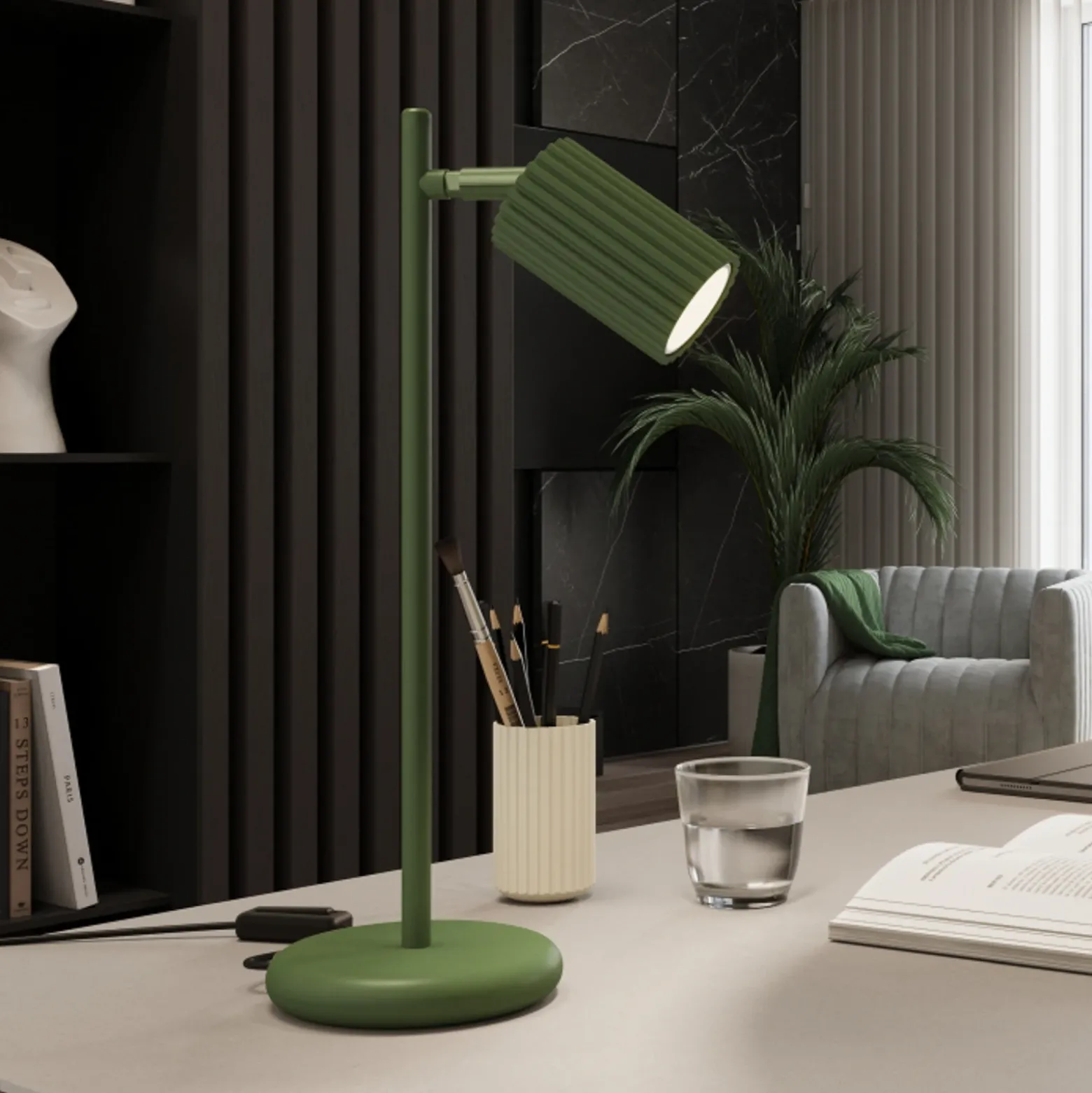 Lámpara de mesa ALORA, altura 43 cm, verde oliva, metal, GU10