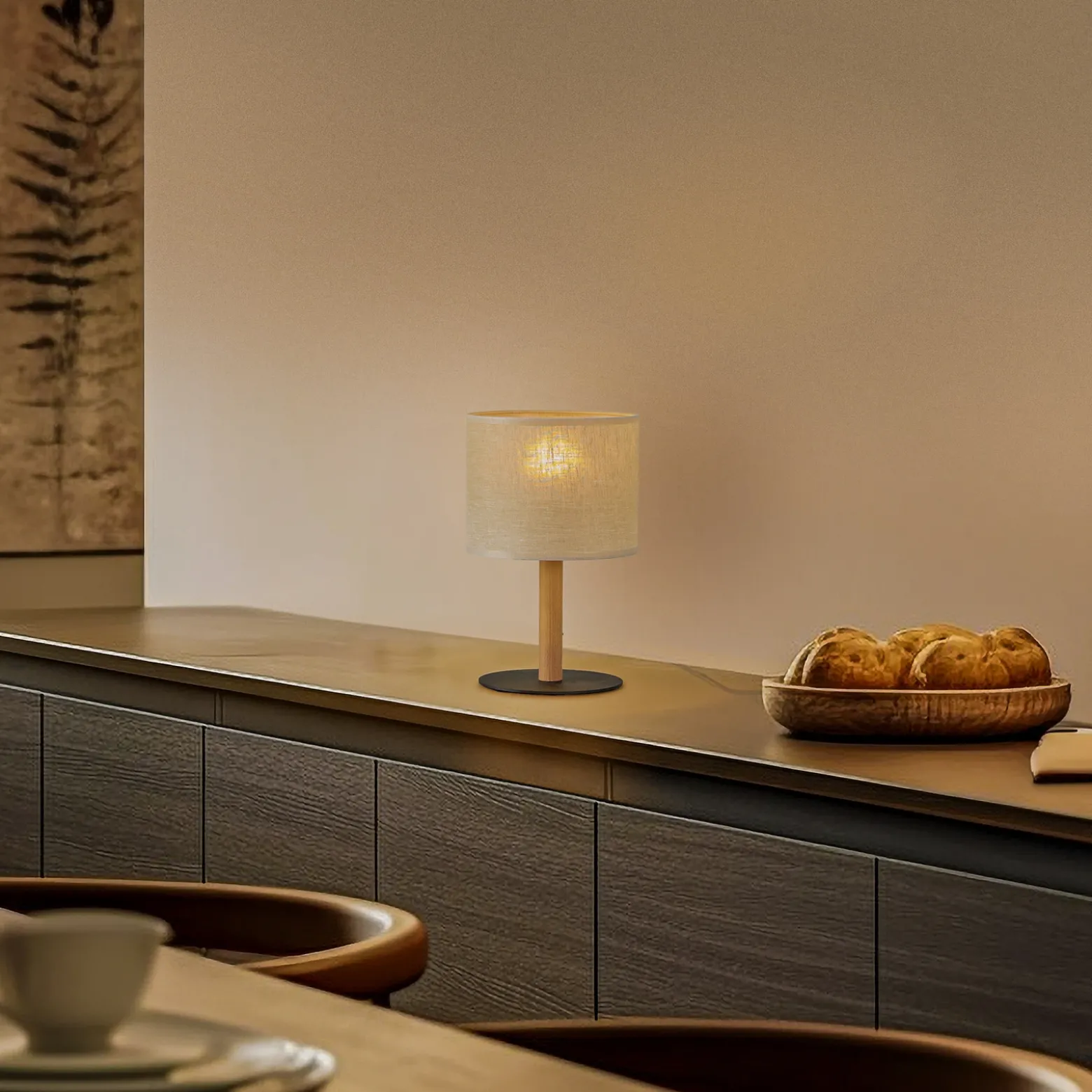 Lámpara de mesa Deva Nature, textil, madera