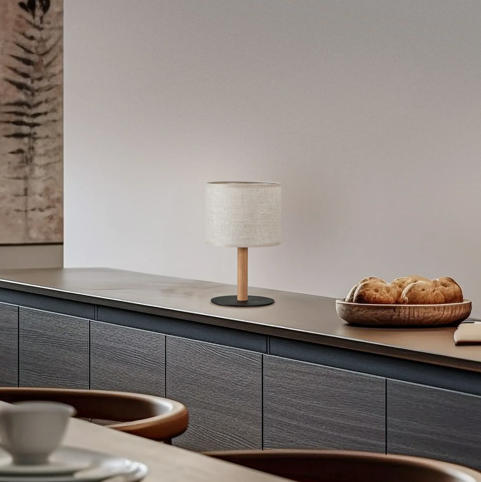 Lámpara de mesa Deva Nature, textil, madera