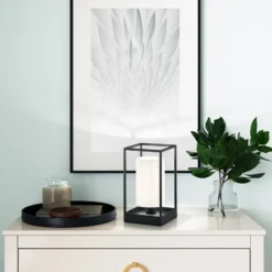 Lámpara de mesa Gilli, blanco/negro, lino, metal, altura 29 cm