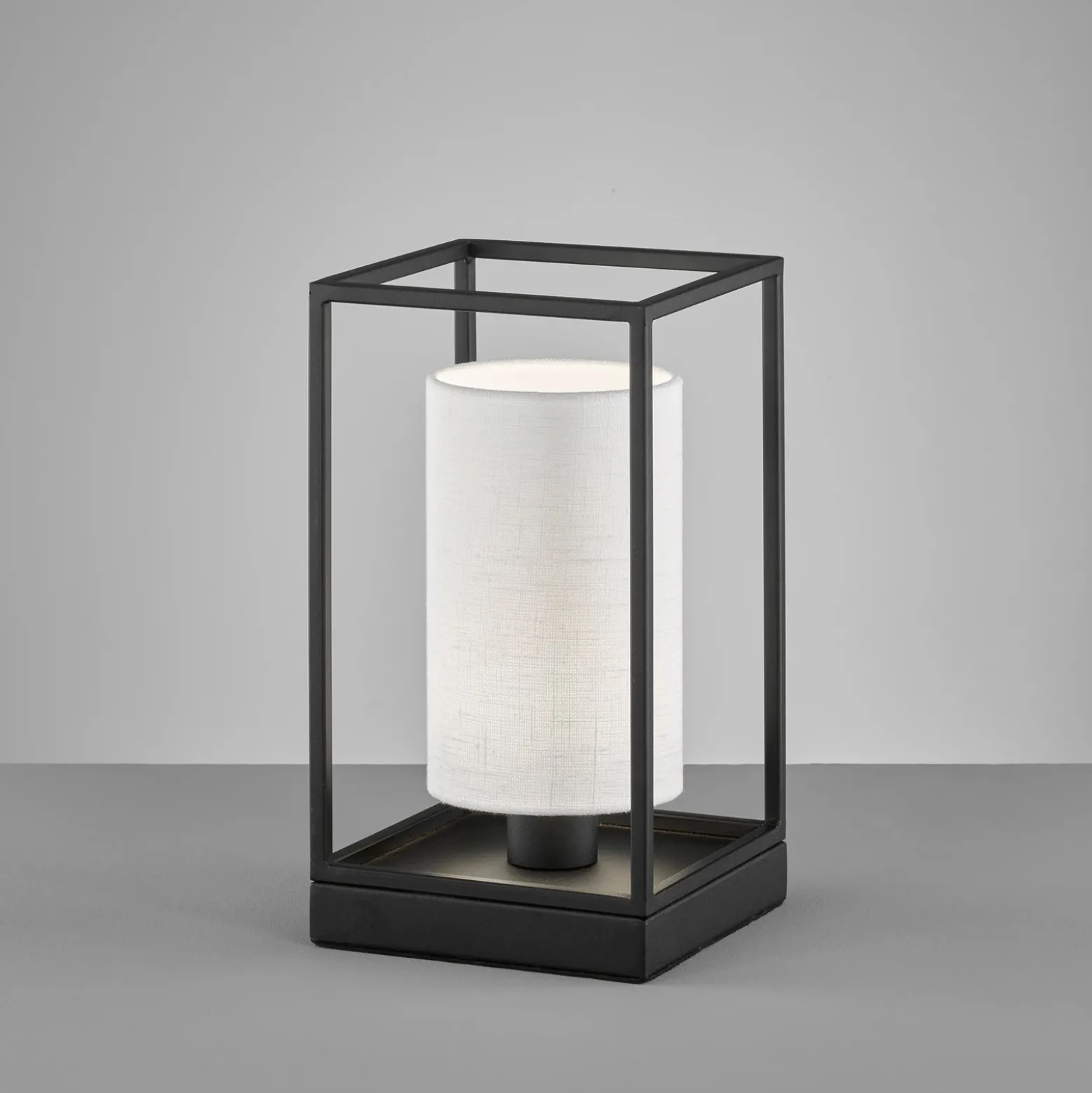 Lámpara de mesa Gilli, blanco/negro, lino, metal, altura 29 cm