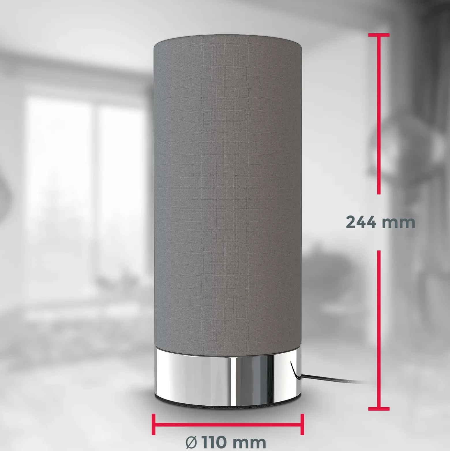 Lámpara de mesa Gloris, gris, textil, altura 24,4 cm, E14, atenuador