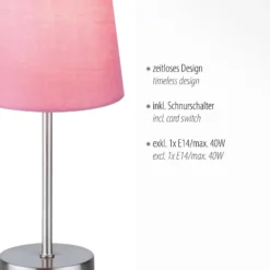 Lámpara de mesa Heinrich con pantalla de tela rosa