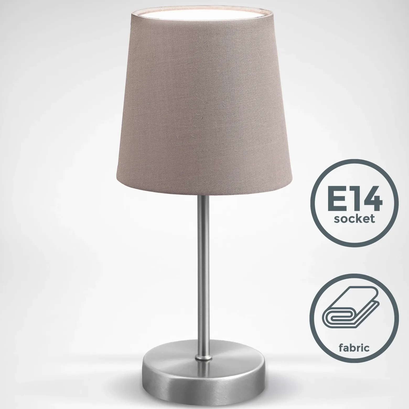 Lámpara de mesa Kaneo, color topo, altura 30,8 cm, metal, textil, E14