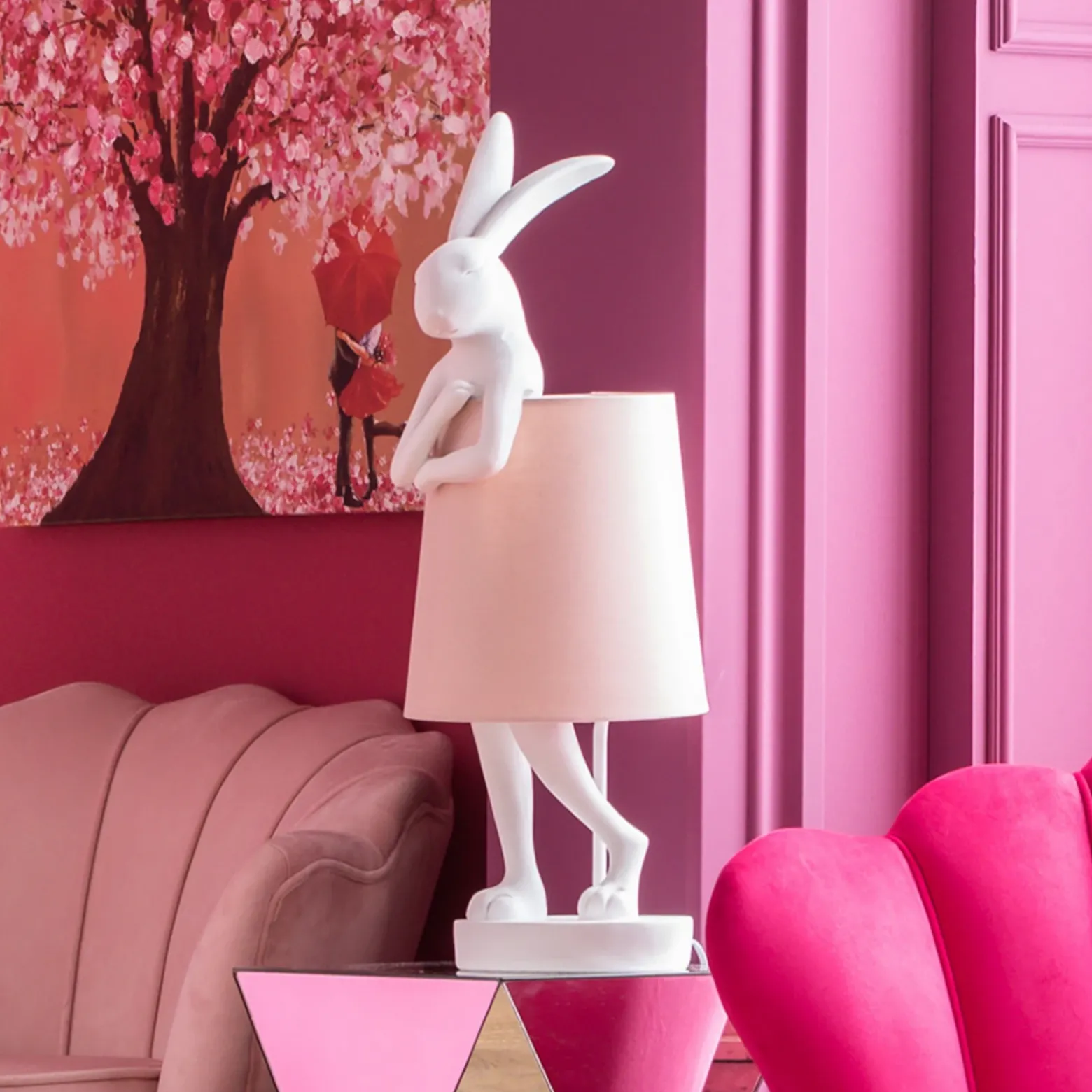 Lámpara de mesa KARE Animal Rabbit, blanco/rosa, 68 cm, E14