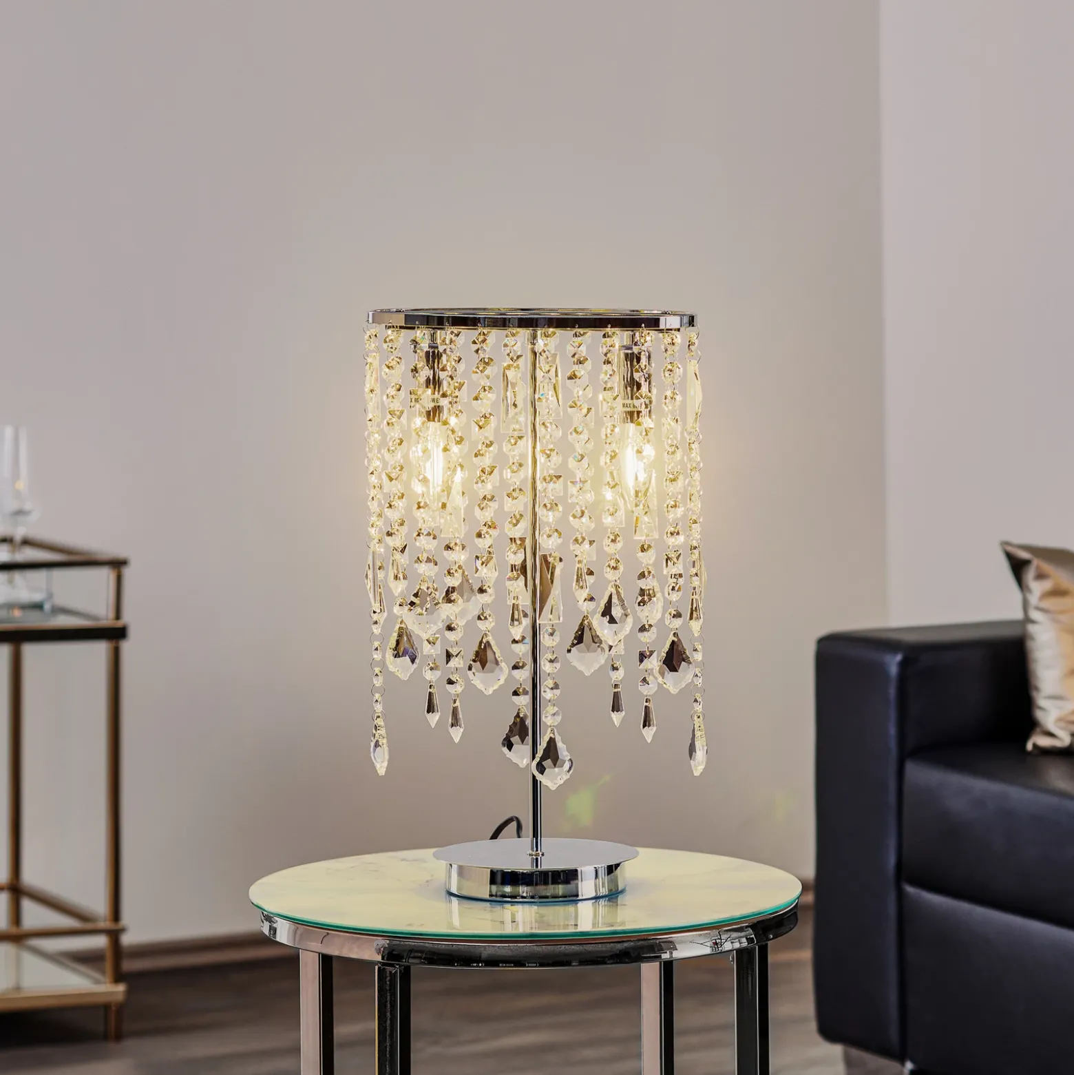 Lámpara de mesa Laila con cristal colgante, 2 luces