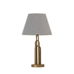 Lámpara de mesa Lazar, gris/oro antiguo, altura 65 cm, textil/metal
