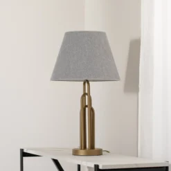 Lámpara de mesa Lazar, gris/oro antiguo, altura 65 cm, textil/metal