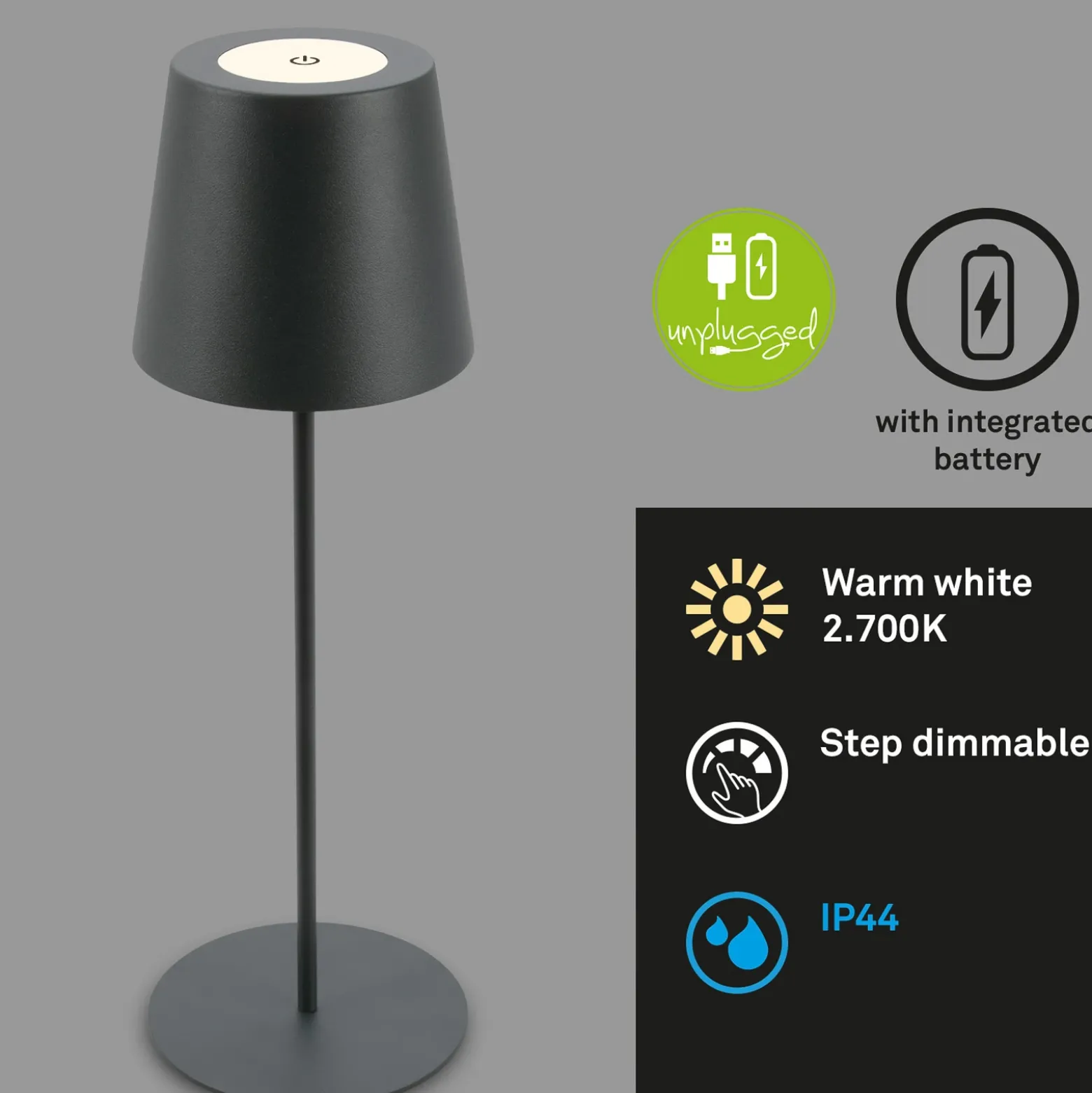 Lámpara de mesa LED con batería 7508015, antracita 2.700 K IP44 Touchdim