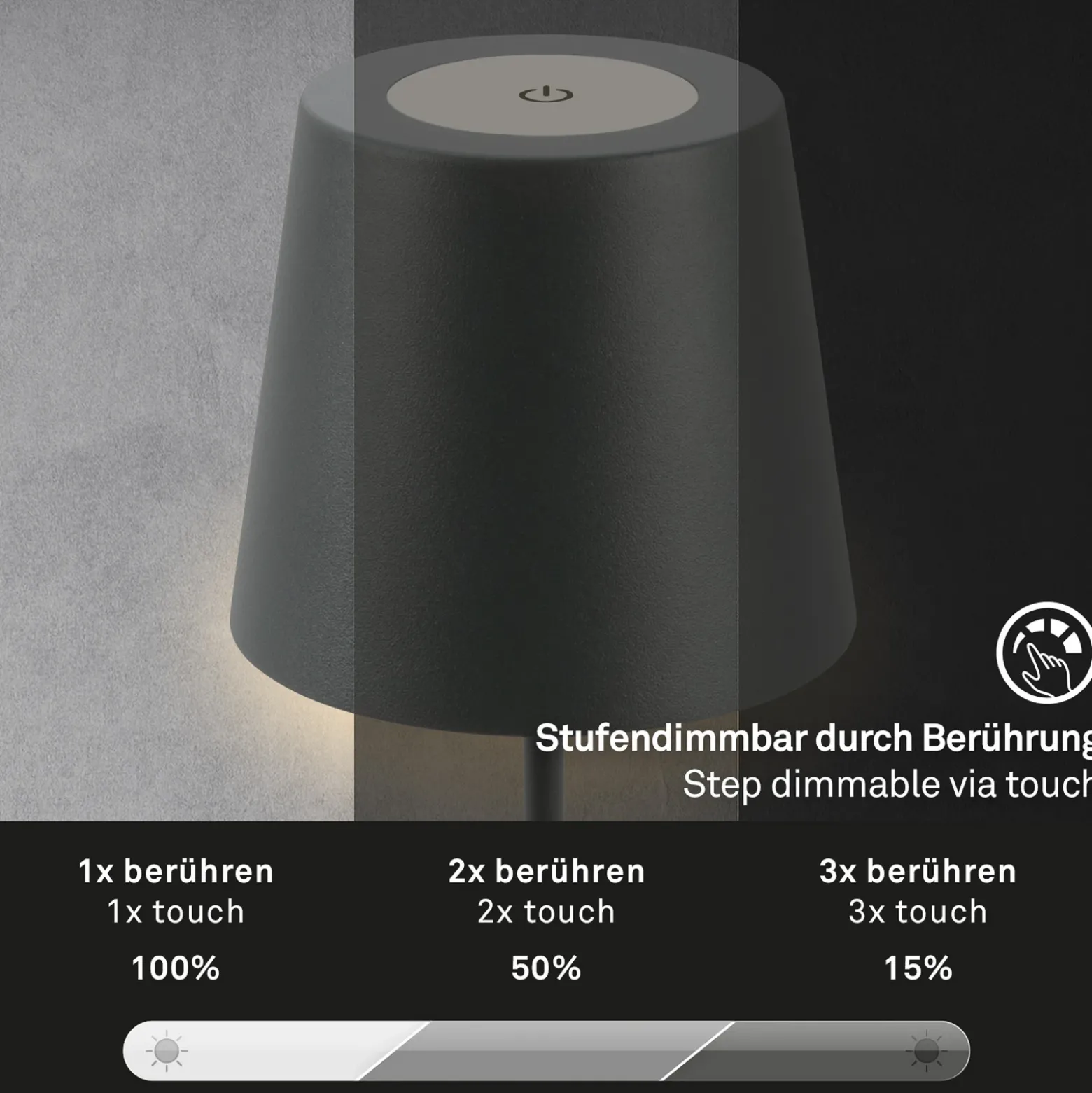 Lámpara de mesa LED con batería 7508015, antracita 2.700 K IP44 Touchdim