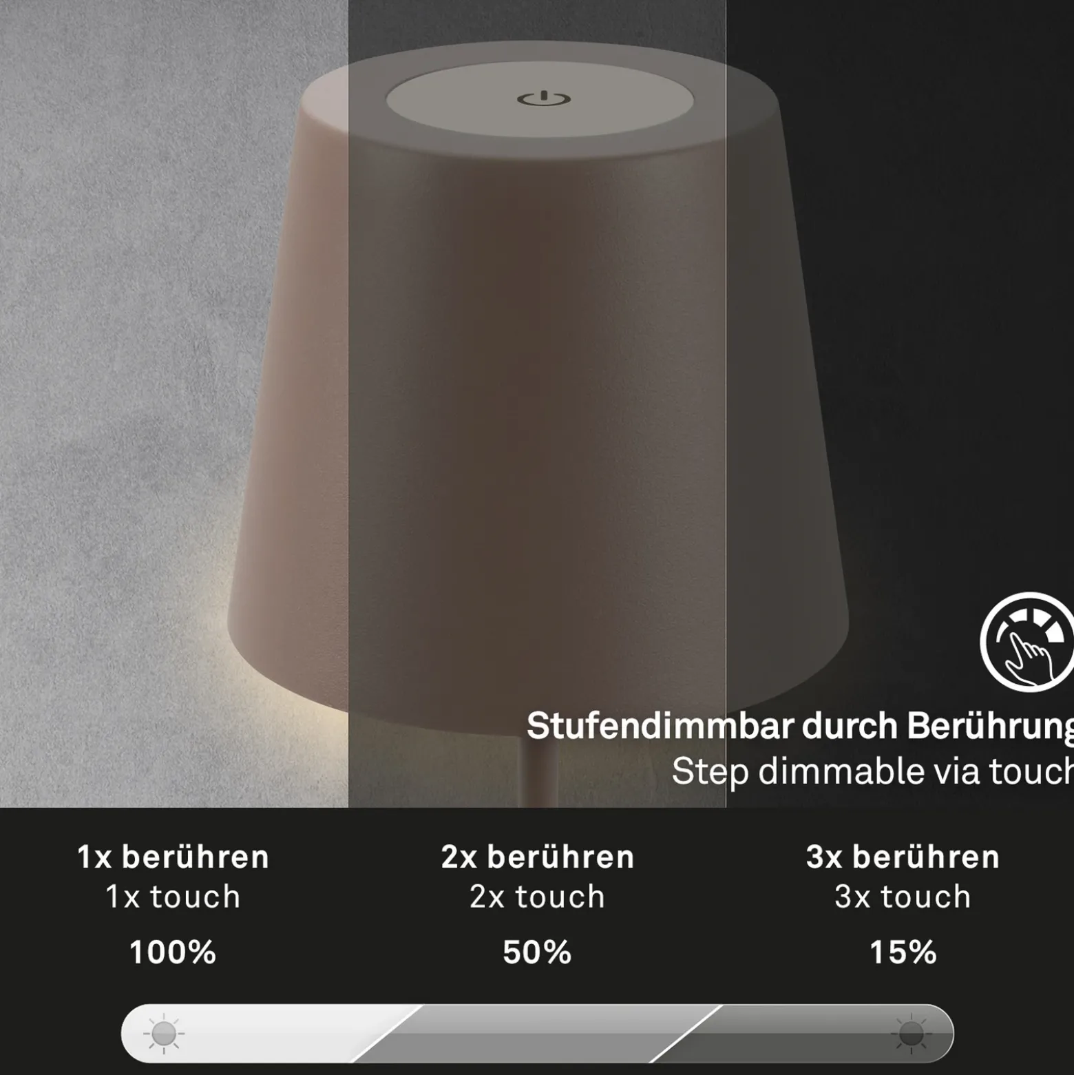 Lámpara de mesa LED con batería 7508012, marrón, 2.700 K IP44 Regulador táctil