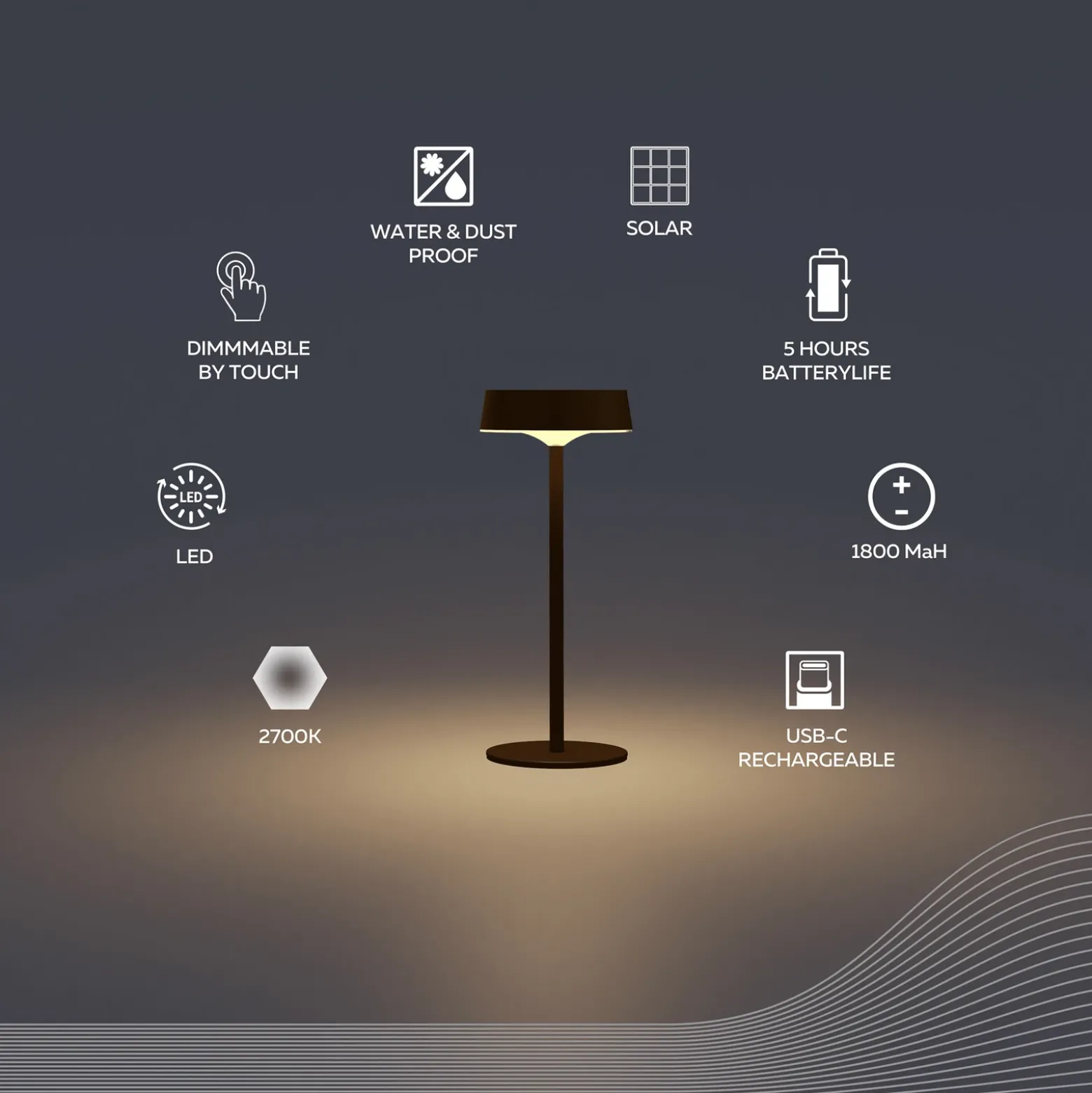 Lámpara de mesa LED con batería recargable Calex Parma, atenuable, negro