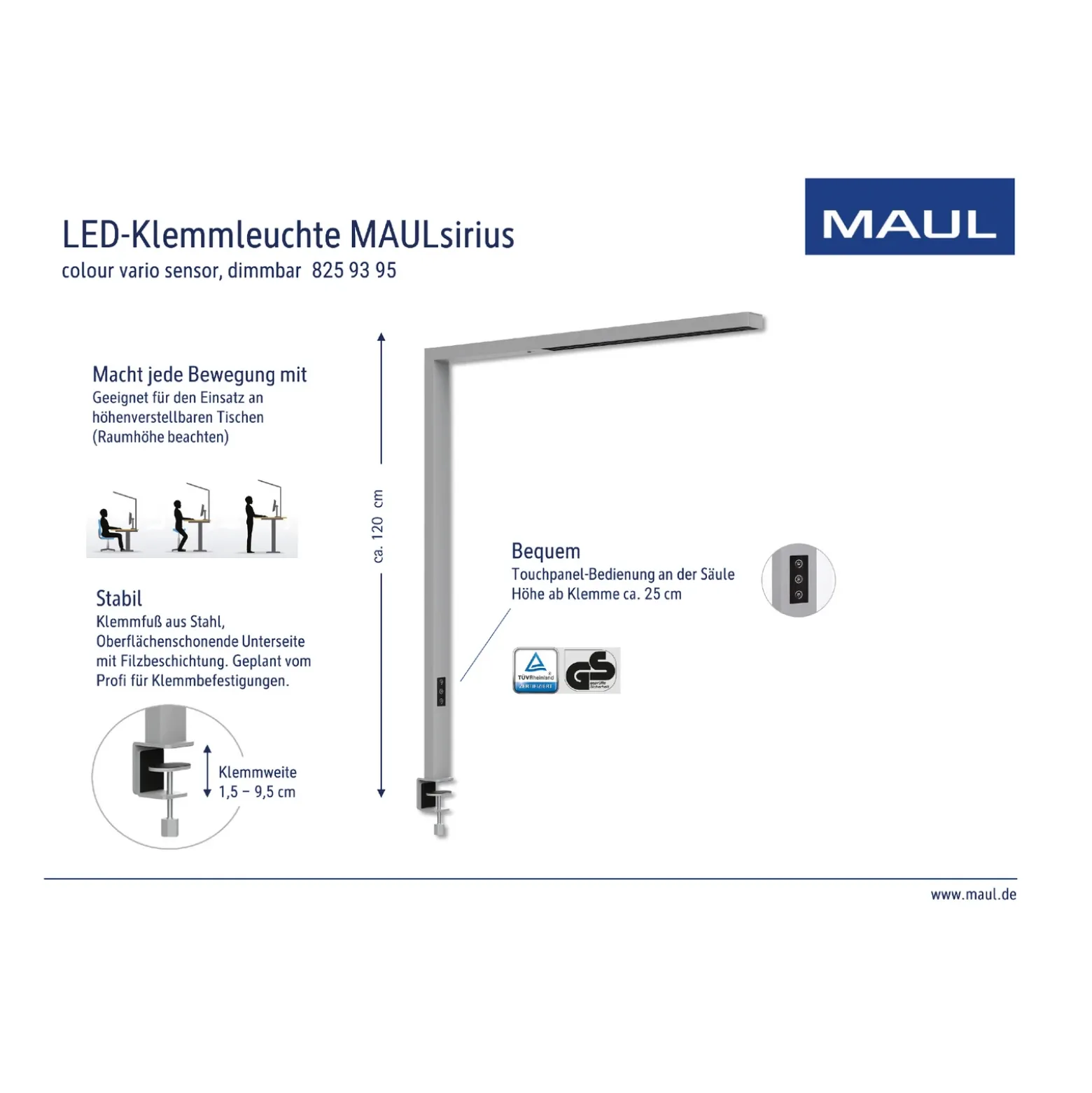 Lámpara de mesa LED con sensor MAULsirius, blanca, atenuable, CCT, base con