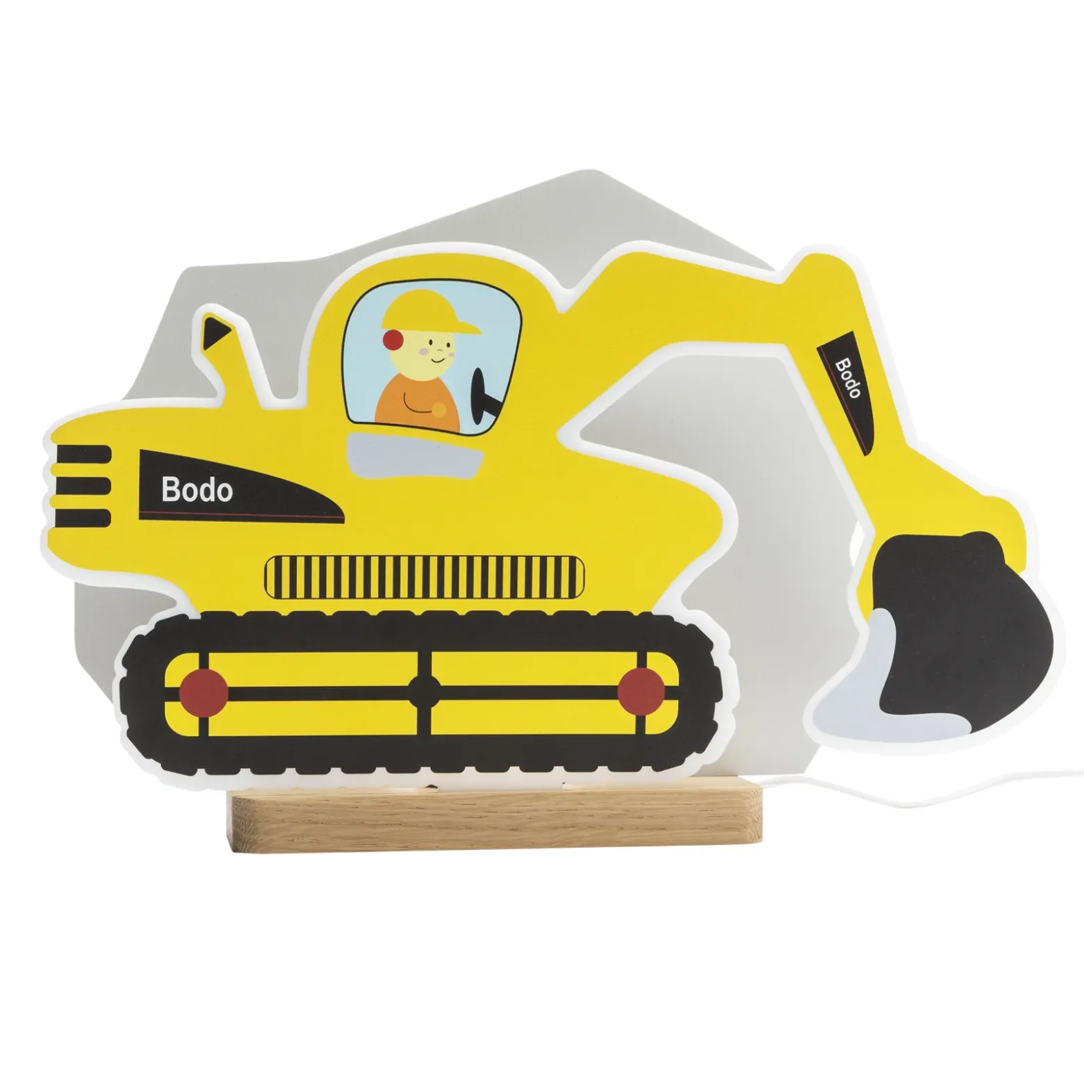 Lámpara de mesa LED excavadora, amarilla, 20 cm, atenuable, madera/acrílico