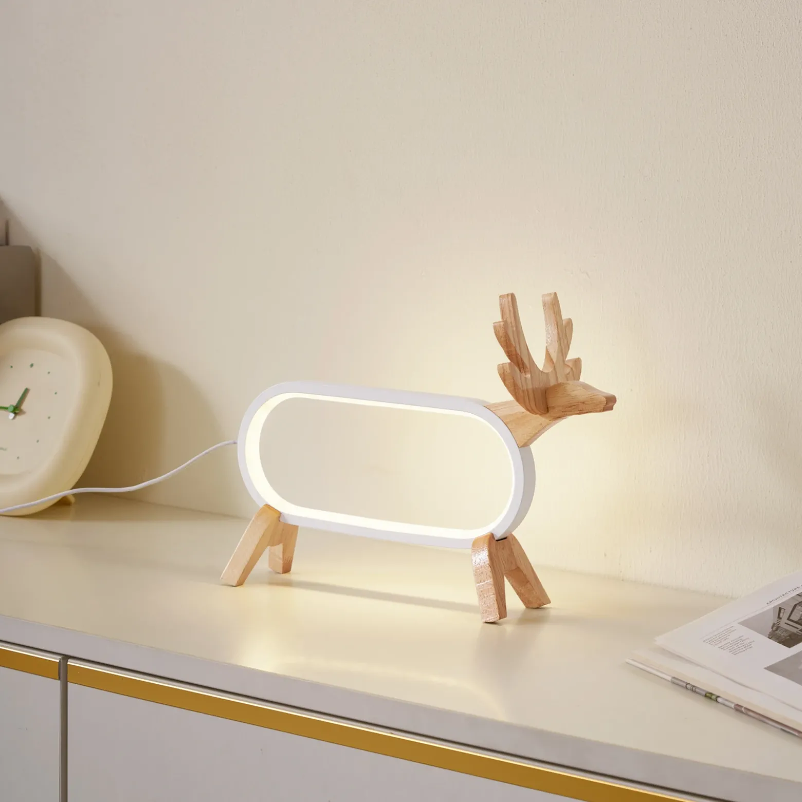 Lámpara de mesa LED Lindby Hirvi, blanca, madera, 31 cm, CCT, atenuable