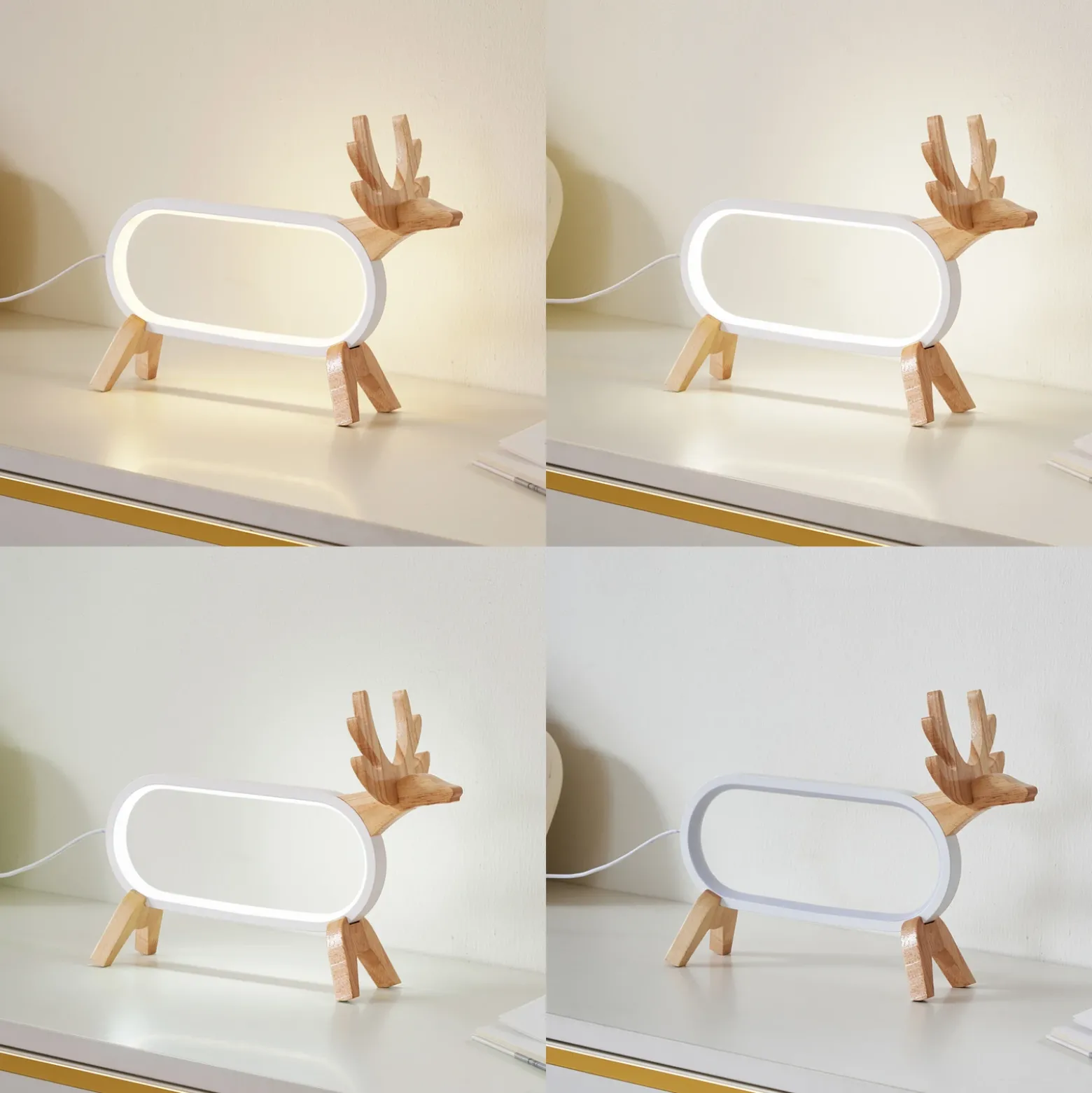 Lámpara de mesa LED Lindby Hirvi, blanca, madera, 31 cm, CCT, atenuable