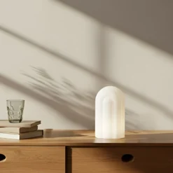 Lámpara de mesa LED Lucande Lunja, blanca, cristal, 30 cm, CCT