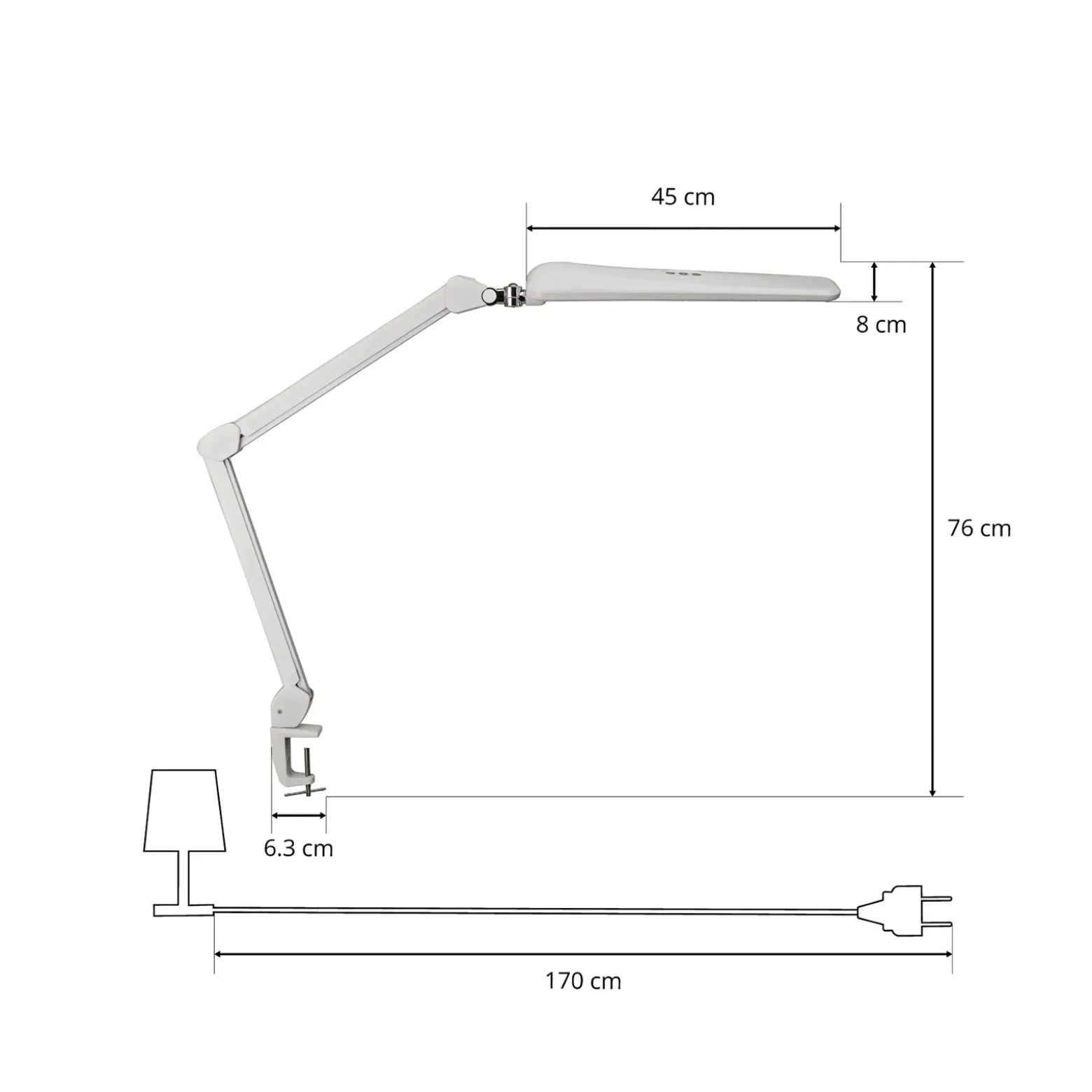 Lámpara de mesa LED MAULcraft, blanca, 52 cm, base con pinza, atenuable