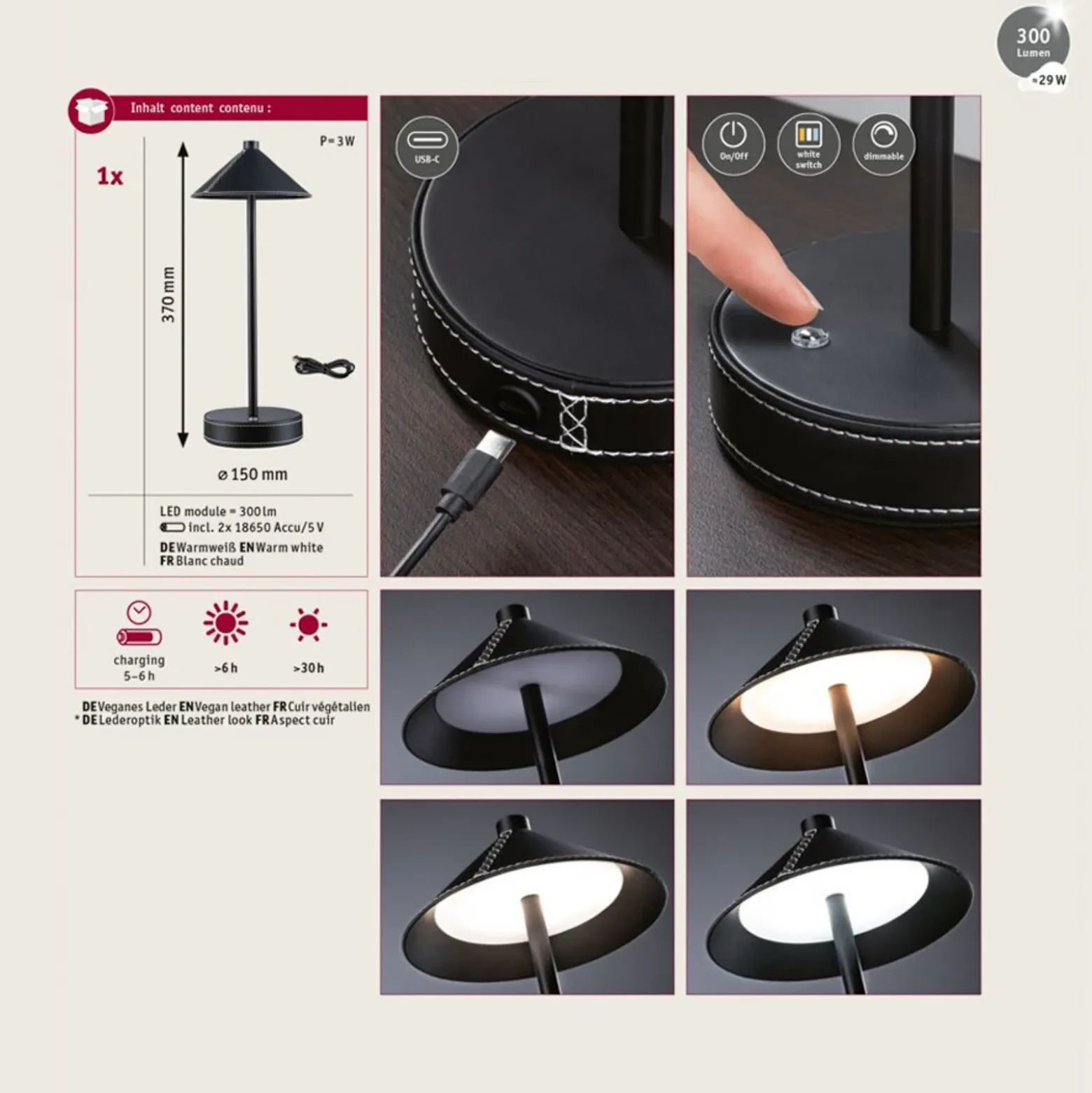 lámpara de mesa LED Pellini de Paulmann, negra, down, CCT
